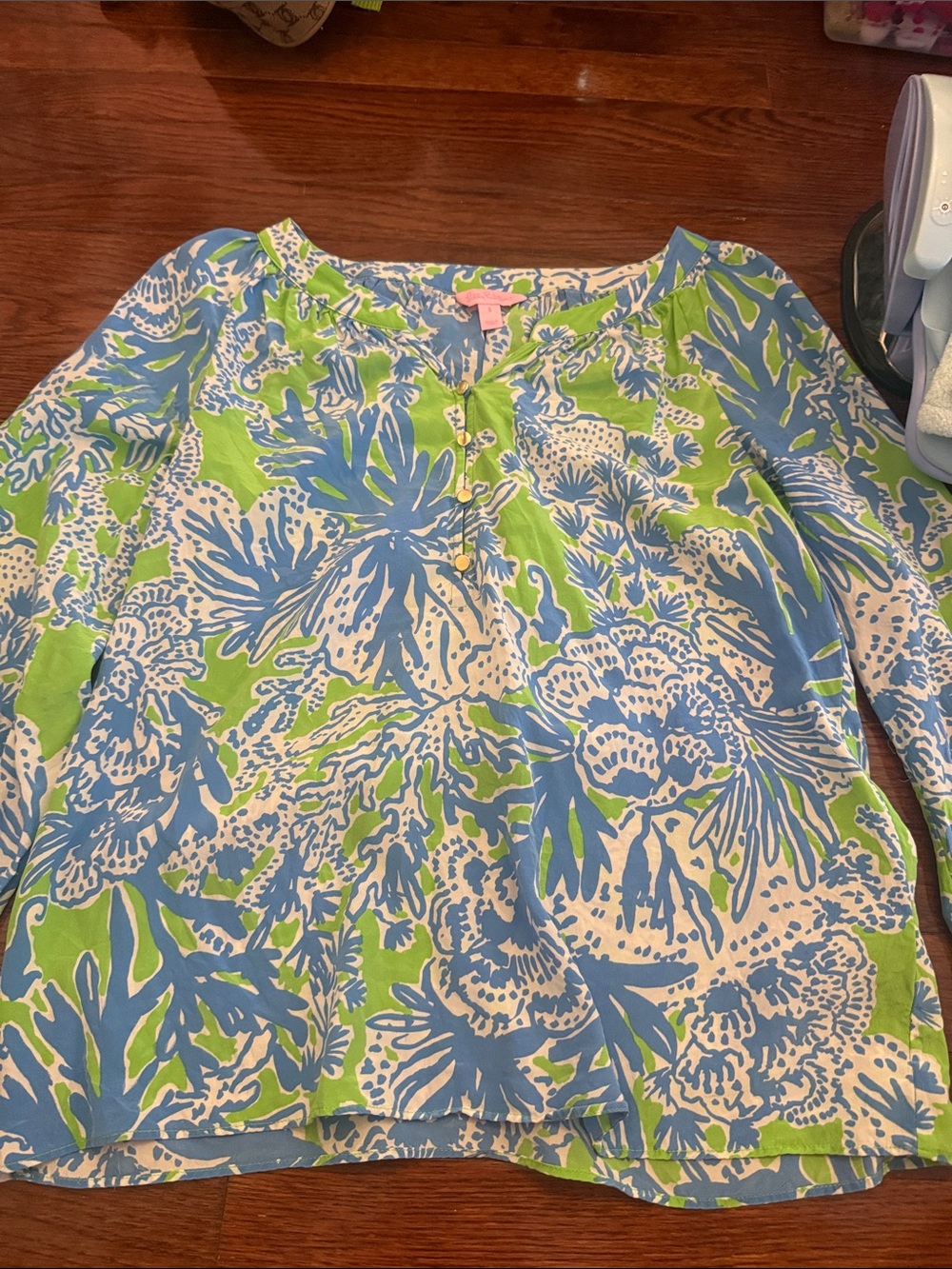 Lilly Pulitzer Green, Blue & White Floral Henley Blouse